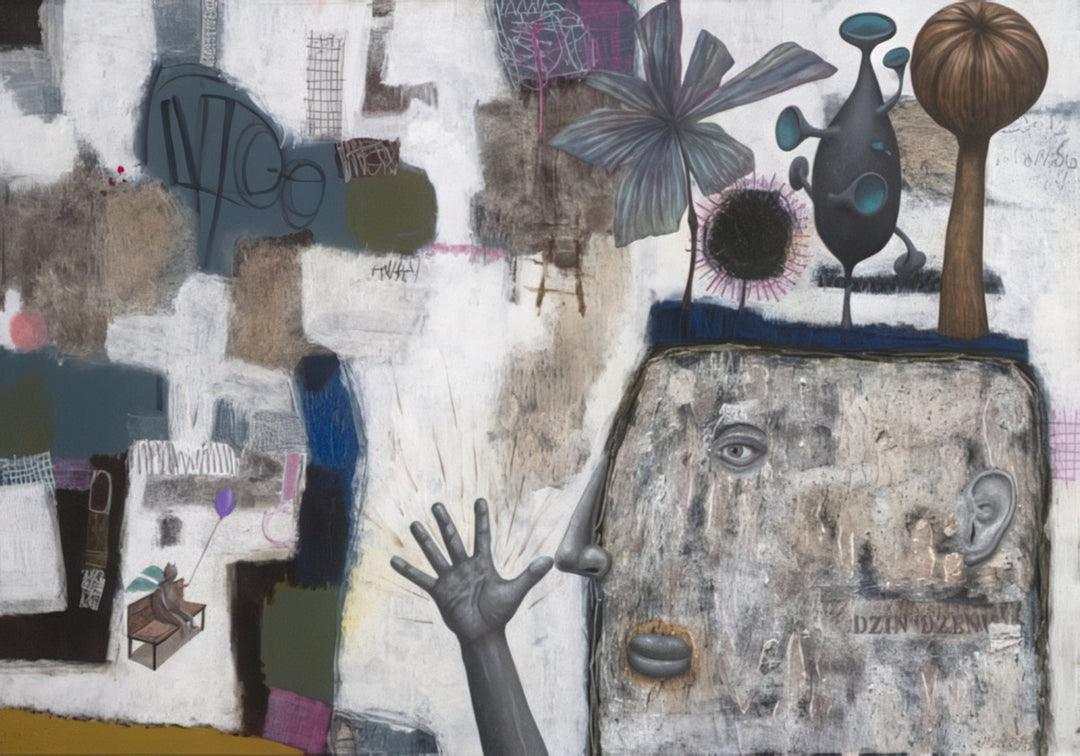 “Dzin Dzen” by Andrius Miezis — abstract surreal artwork combining symbolic figures, textured collage, and muted tones. A mysterious composition blending human features, geometric forms, and organic shapes to evoke reflection and quiet mindfulness. Fine-art giclée print on archival canvas or paper by Giclée Makers Scottsdale, crafted for collectors and modern luxury interiors.