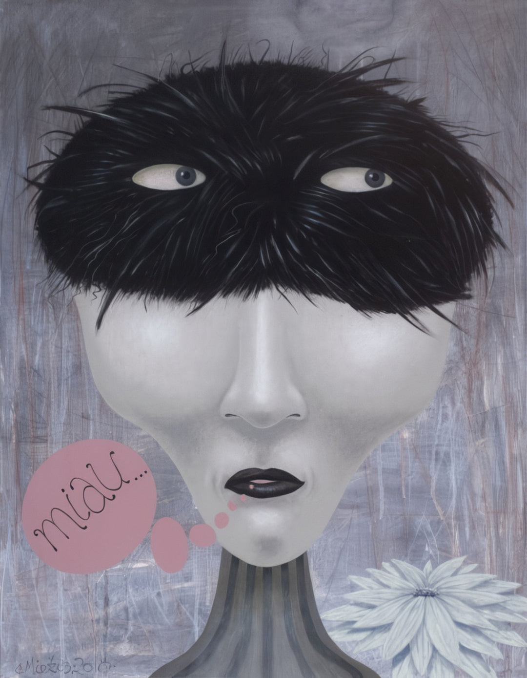 “Hairy Thoughts” by Andrius Miezis – surreal contemporary painting featuring a female figure with expressive eyes hidden under black fur. Symbolic art mixing humor, surrealism, and introspection – available as a museum-quality giclée print from Giclée Makers.