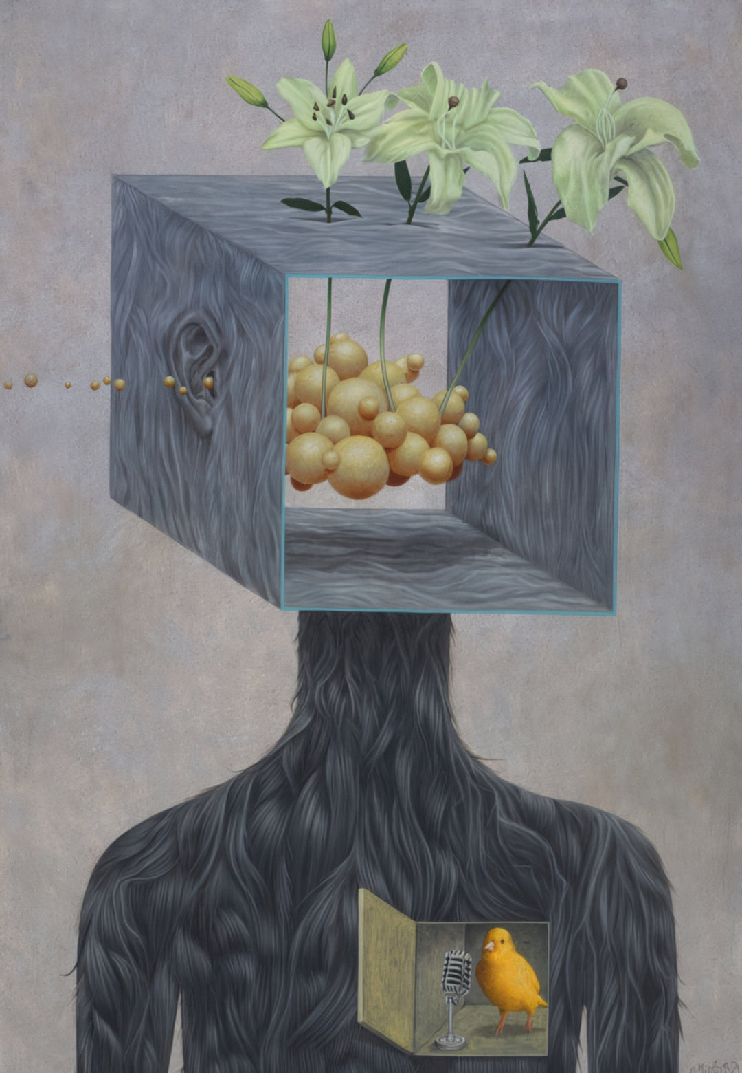 Surreal painting of a humanoid figure with a box-shaped head filled with golden spheres and blooming lilies, and a small yellow bird in a chest cavity. Artwork titled Human Music by Andrius Miezis. Museum-quality giclée print from Giclée Makers Gallery