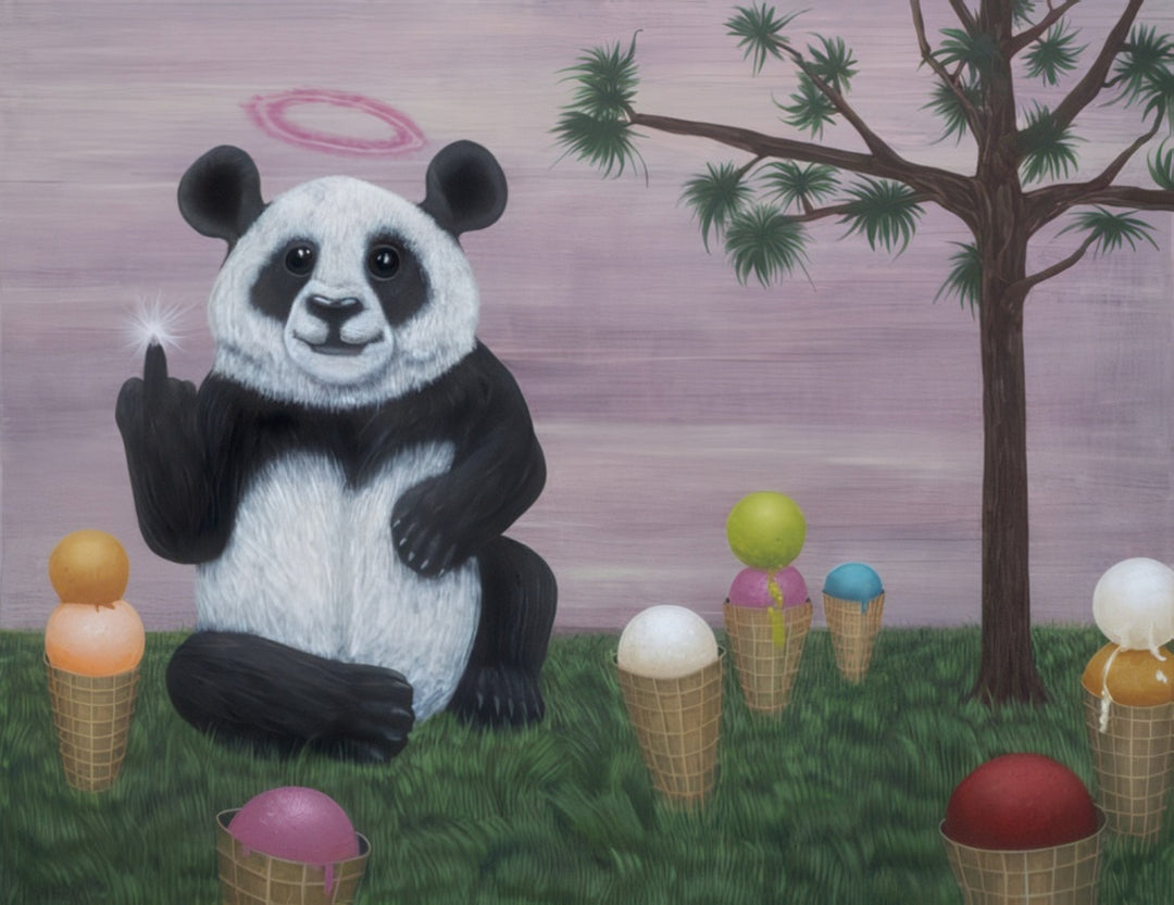 "I Am Not Adam - No One Will Drive Me from Paradise" - Panda with a halo surrounded by ice cream cones under a tree