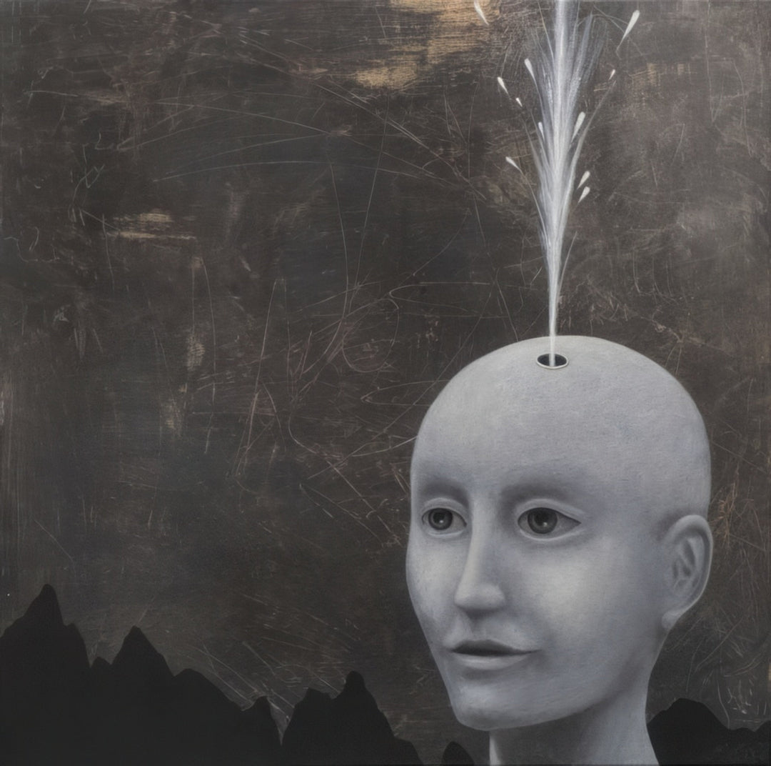 "Mind Fountain" by Andrius Miezis — surreal artwork portraying a human figure with a calm, expressionless face and a fountain emerging from the top of the head. Symbolic contemporary painting exploring thought, imagination, and consciousness. Available as a museum-quality giclée fine art print from Giclée Makers, Scottsdale, Arizona.