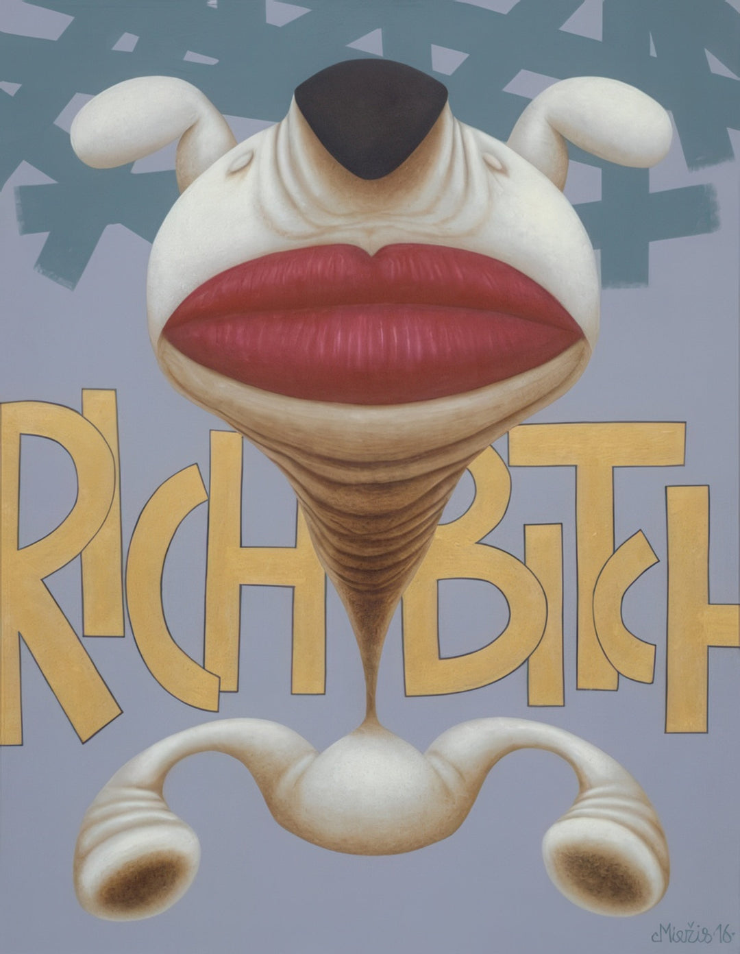 Surreal contemporary painting by Andrius Miezis titled Rich Bitch, featuring a stylized dog-like character with exaggerated red lips and sculptural curves against bold yellow typography. A witty, satirical artwork blending surrealism, humor, and pop-art influences — available as a museum-quality fine art print at Giclée Makers.