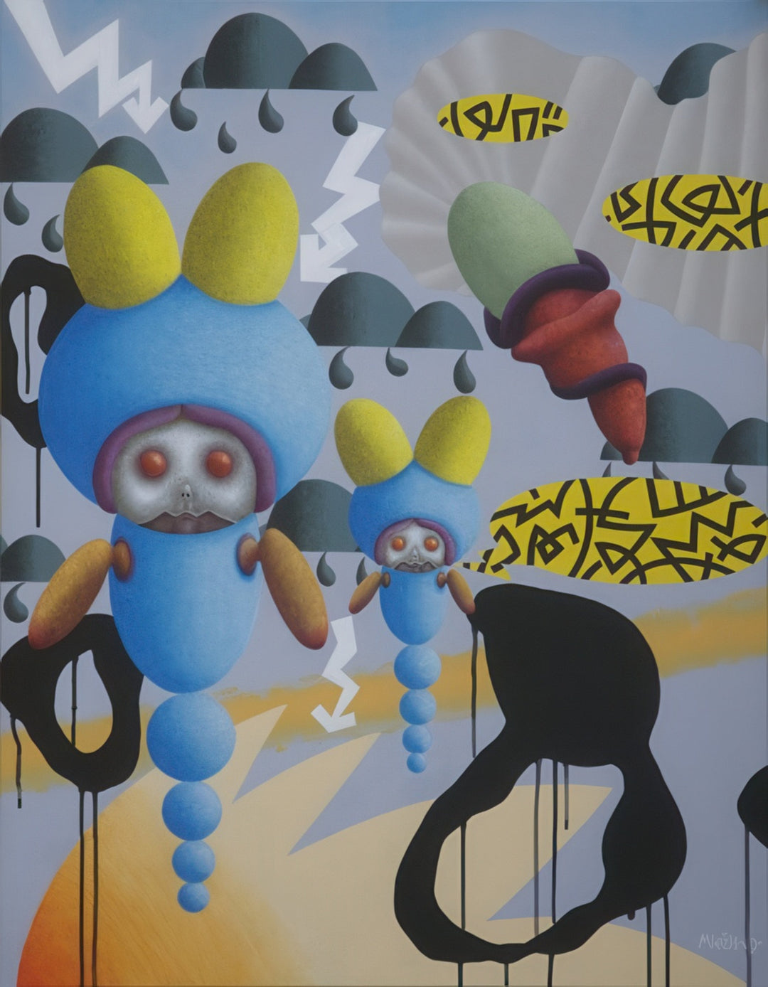 “Songs of the Sun Bunnies” by Andrius Miezis — surreal contemporary painting featuring whimsical blue and yellow figures with radiant bunny-like forms set in a dreamlike abstract landscape. A poetic fusion of light, playfulness, and mystery, exploring the harmony between imagination and emotion. Fine-art giclée print on archival canvas or paper by Giclée Makers Scottsdale, crafted for luxury interiors.
