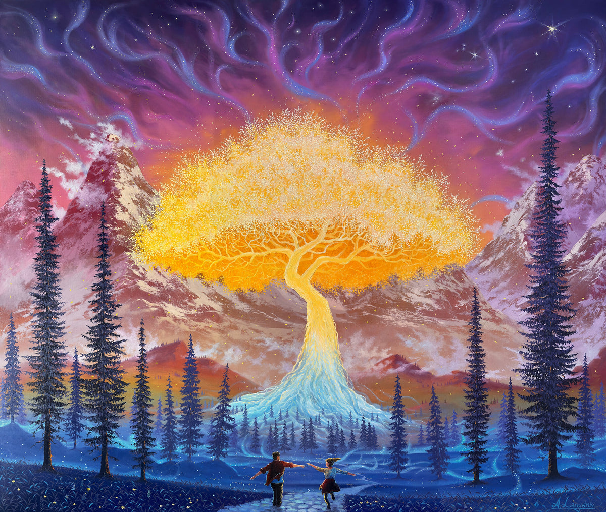 A vibrant artwork featuring a large tree with golden leaves, set against a backdrop of purple and pink mountains and a starry sky. Two human figures are present in the foreground, gazing at the tree.