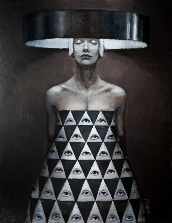This image features an artistic representation, portraying a woman figure in a striking and surreal manner. She is dressed in a black and white dress adorned with a pattern of triangles and eyes.