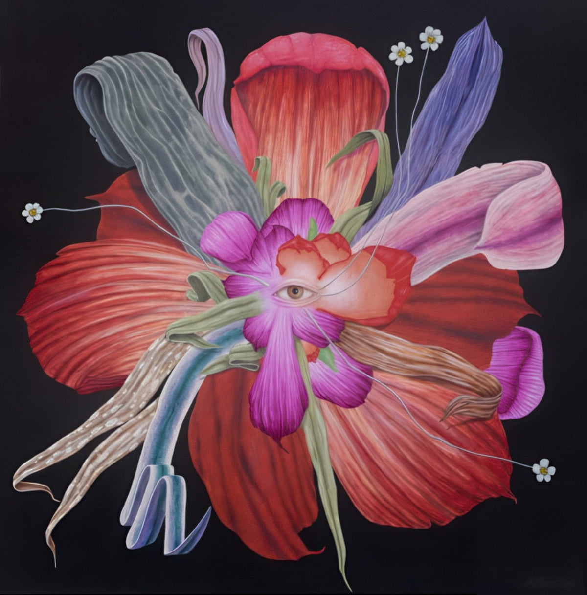 Colorful floral arrangement with a central eye-like design on a black background