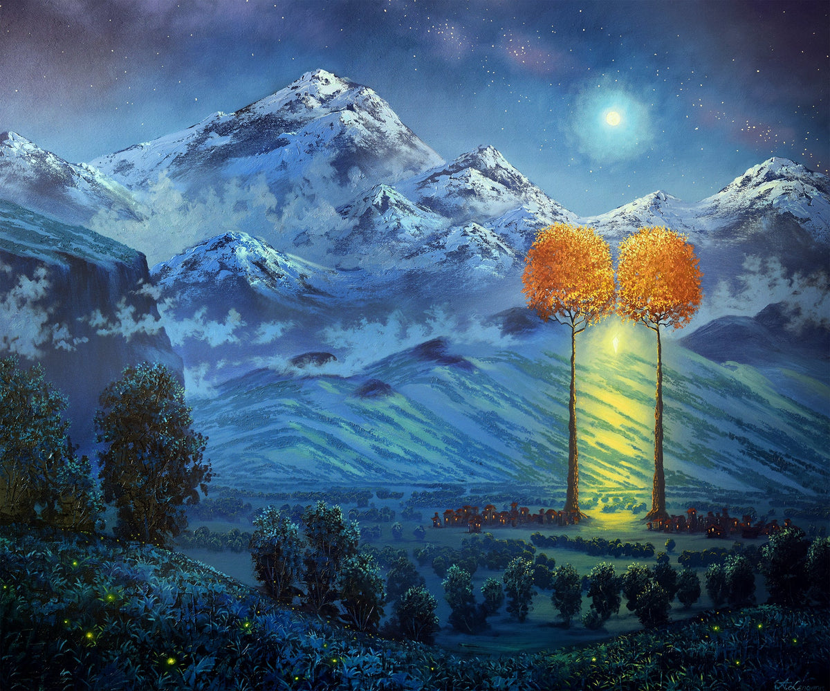 A vibrant artwork featuring a large tree with golden leaves, set against a backdrop of purple and pink mountains and a starry sky. Two human figures are present in the foreground, gazing at the tree.