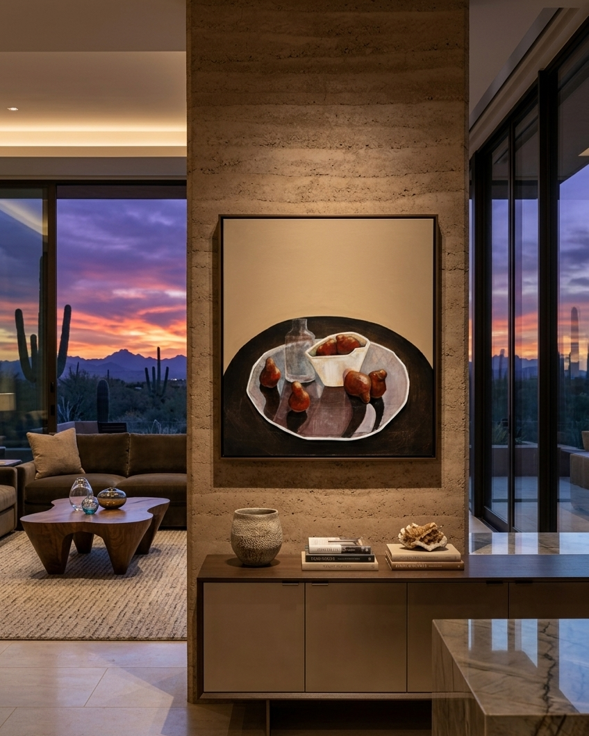 Modern living room with a sunset view through large windows, featuring a wall art piece.