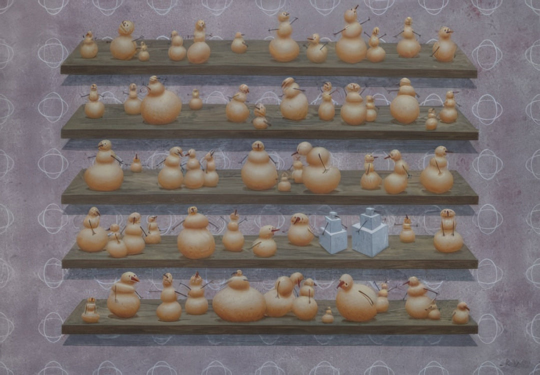Wooden shelves with various small snowmen figurines against a patterned wall.