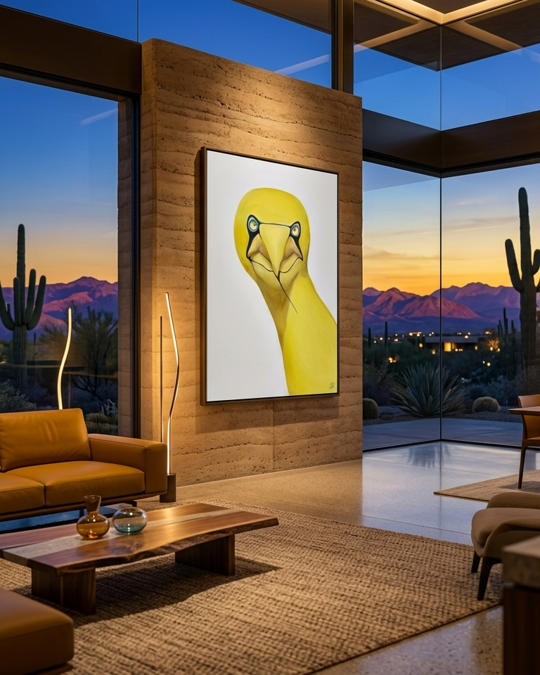 Modern living room with a large yellow duck painting on a wooden wall.