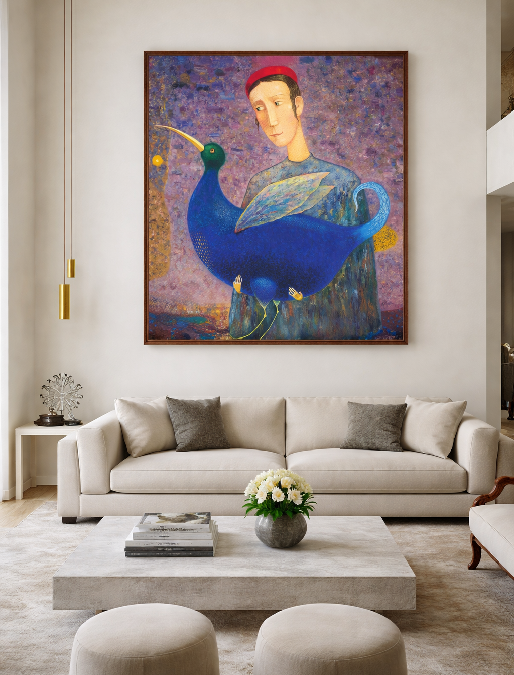 Living room with a large painting of a woman with a blue bird on a wall above a beige sofa.