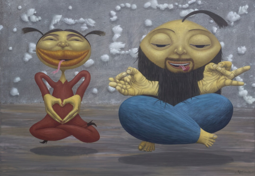 “A Duet With Special Effects” by Andrius Miezis — surreal humorous painting of two yellow-faced figures meditating with exaggerated expressions and gestures, surrounded by floating clouds and textured gray tones. A whimsical fusion of calmness and comedy that captures the artist’s signature imagination. Fine-art giclée print on archival canvas or paper by Giclée Makers Scottsdale, designed for luxury interiors.