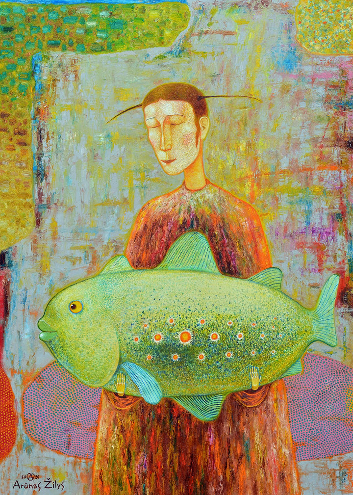 A painting featuring a stylized, idealized woman holding a large, green fish with patterns on it. The background is multicolored with a mix of warm and cool tones.