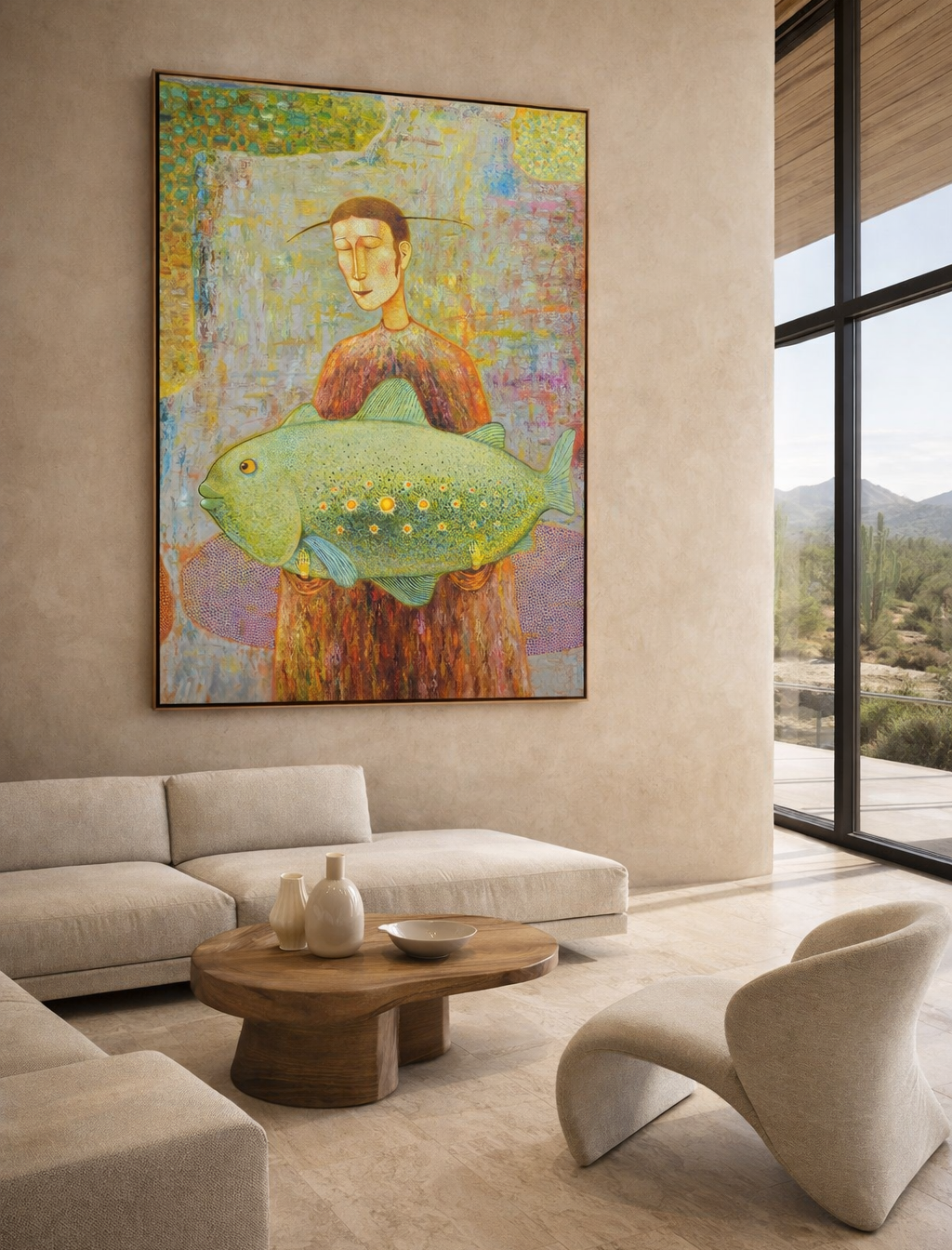 Modern living room with a large abstract painting on the wall