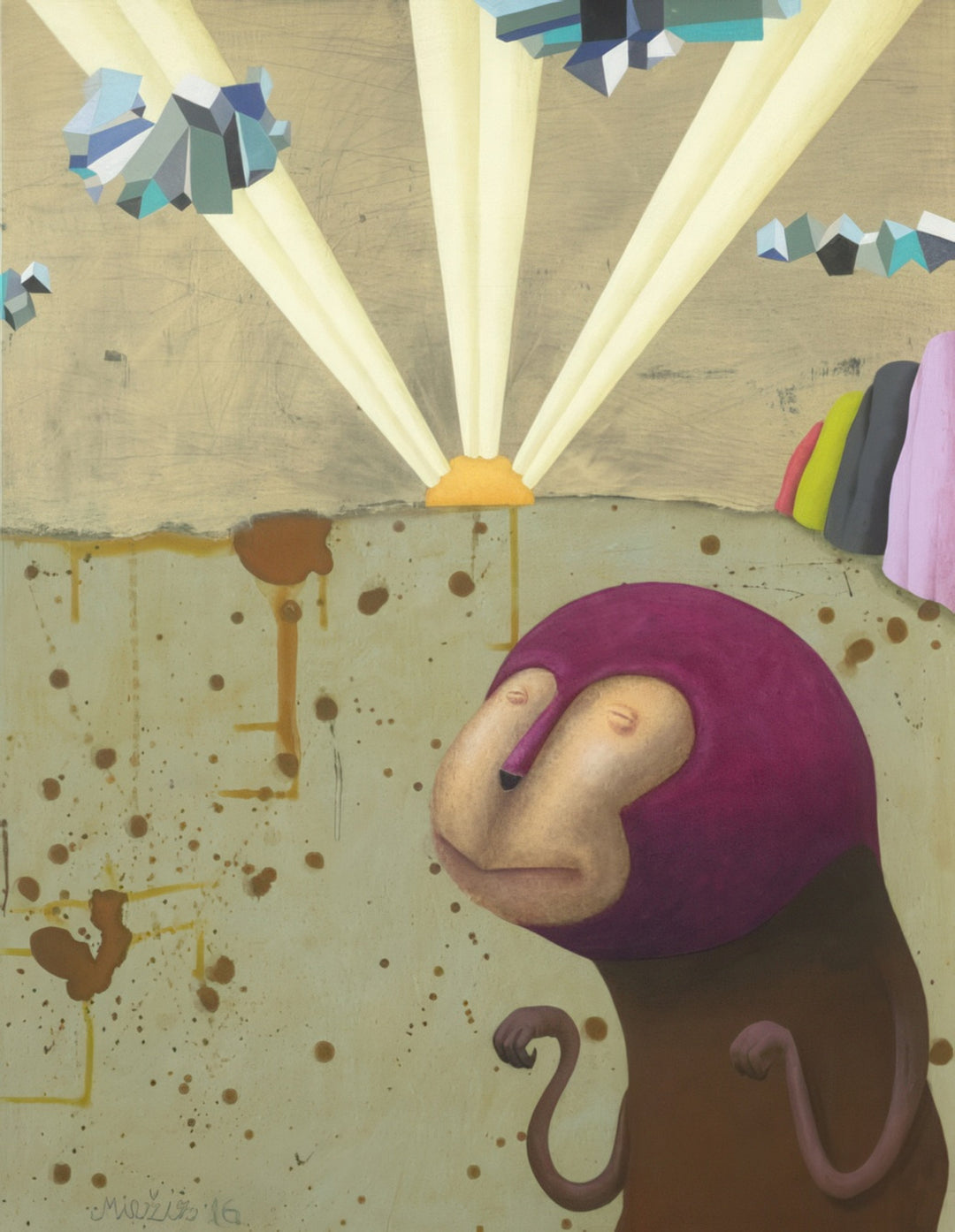 “A Good Day and Nothing More” by Andrius Miezis – surreal contemporary painting of a contemplative human-like figure under geometric sunlight beams and abstract forms. Symbolic art exploring simplicity, emotion, and the quiet beauty of everyday moments – available as a museum-quality giclée print from Giclée Makers.