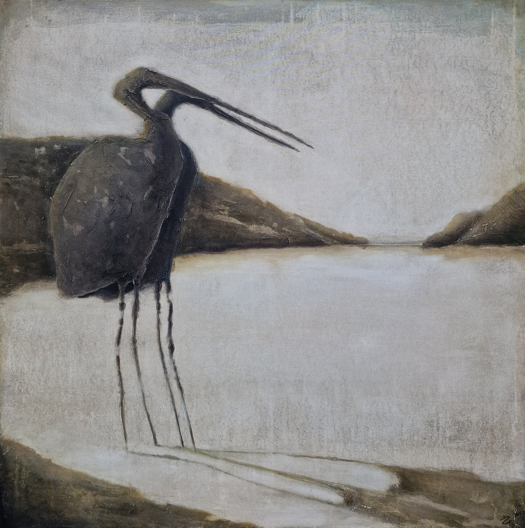 A painting featuring a bird, possibly a heron, standing by a water body with rocks in the background.