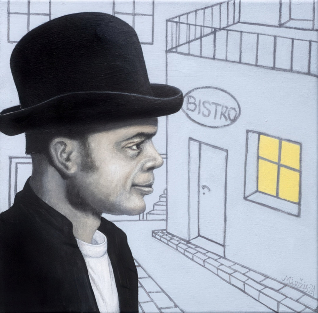 Man wearing a black hat with a stylized drawing of a bistro in the background