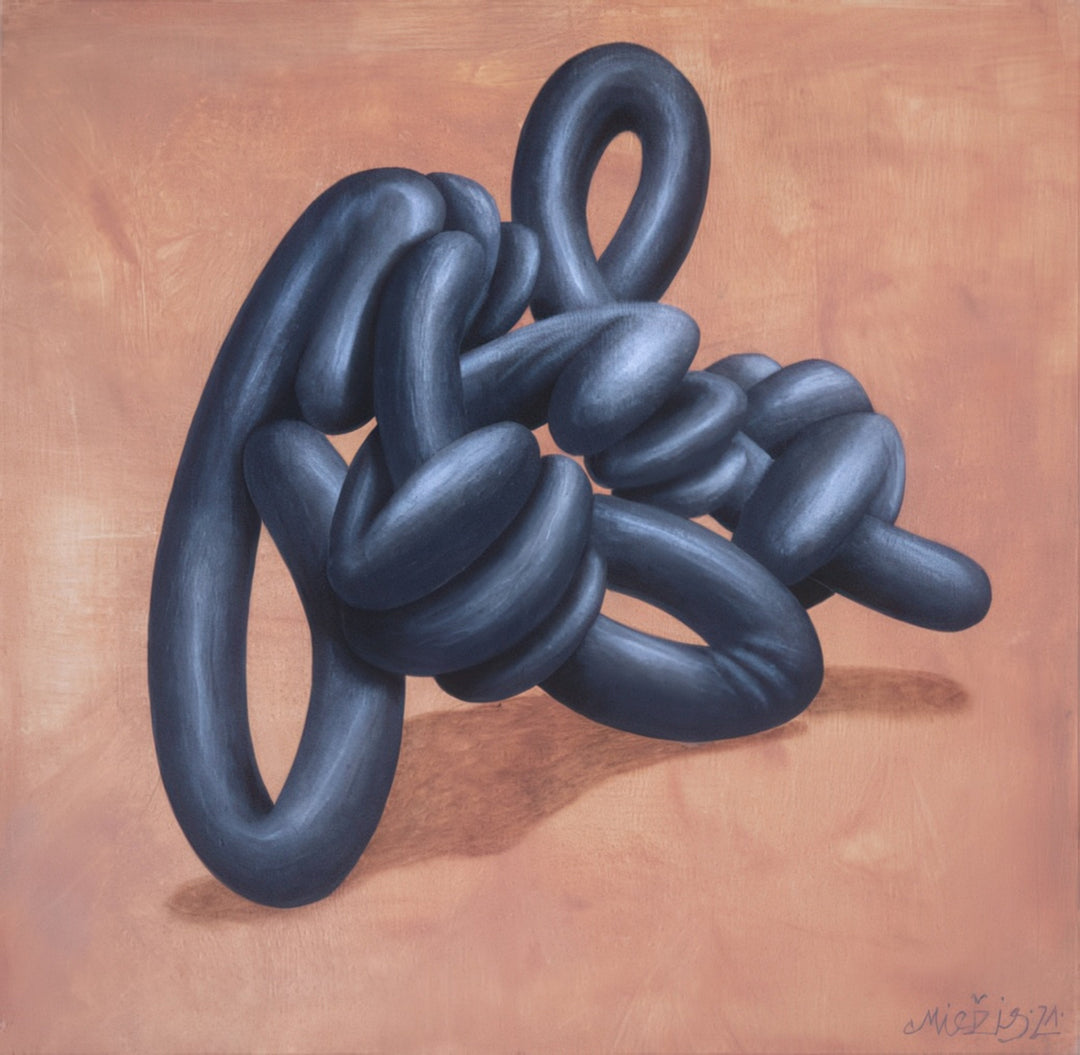Abstract surreal painting of a black twisted balloon-like form floating against a warm terracotta background. Artwork titled A Strong Opinion Is Left in the Dunes by Andrius Miezis. Museum-quality giclée print available at Giclée Makers Gallery.