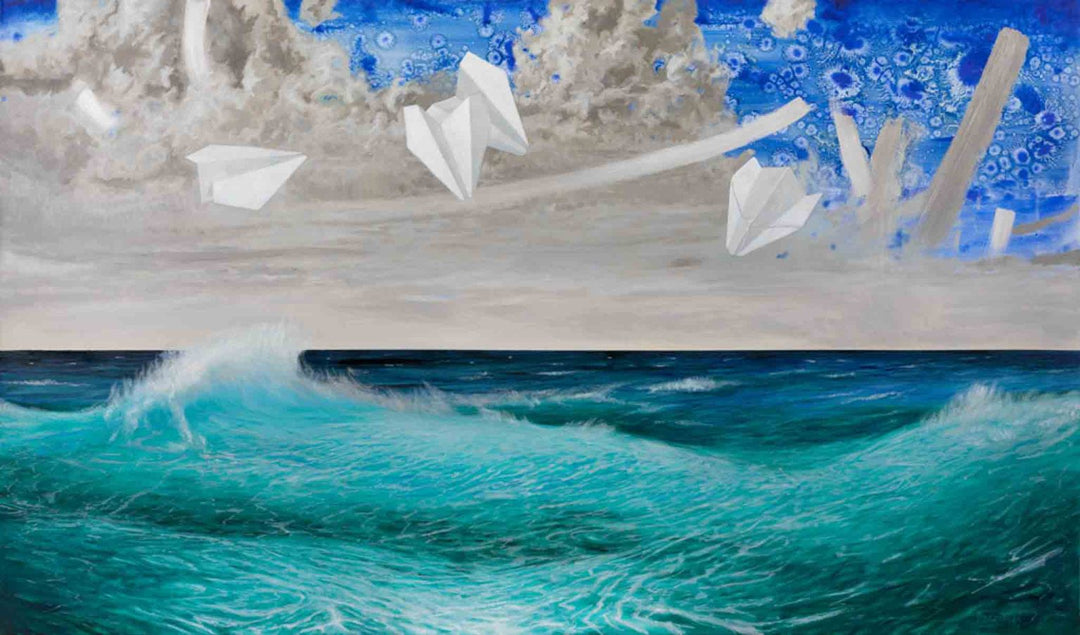 A painting depicting a serene coastal landscape with blue hues and a representation of a kite in the sky.