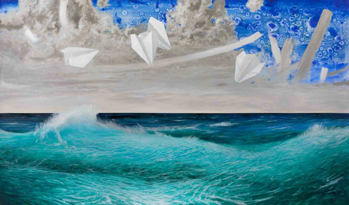 A painting depicting a serene coastal landscape with blue hues and a representation of a kite in the sky.