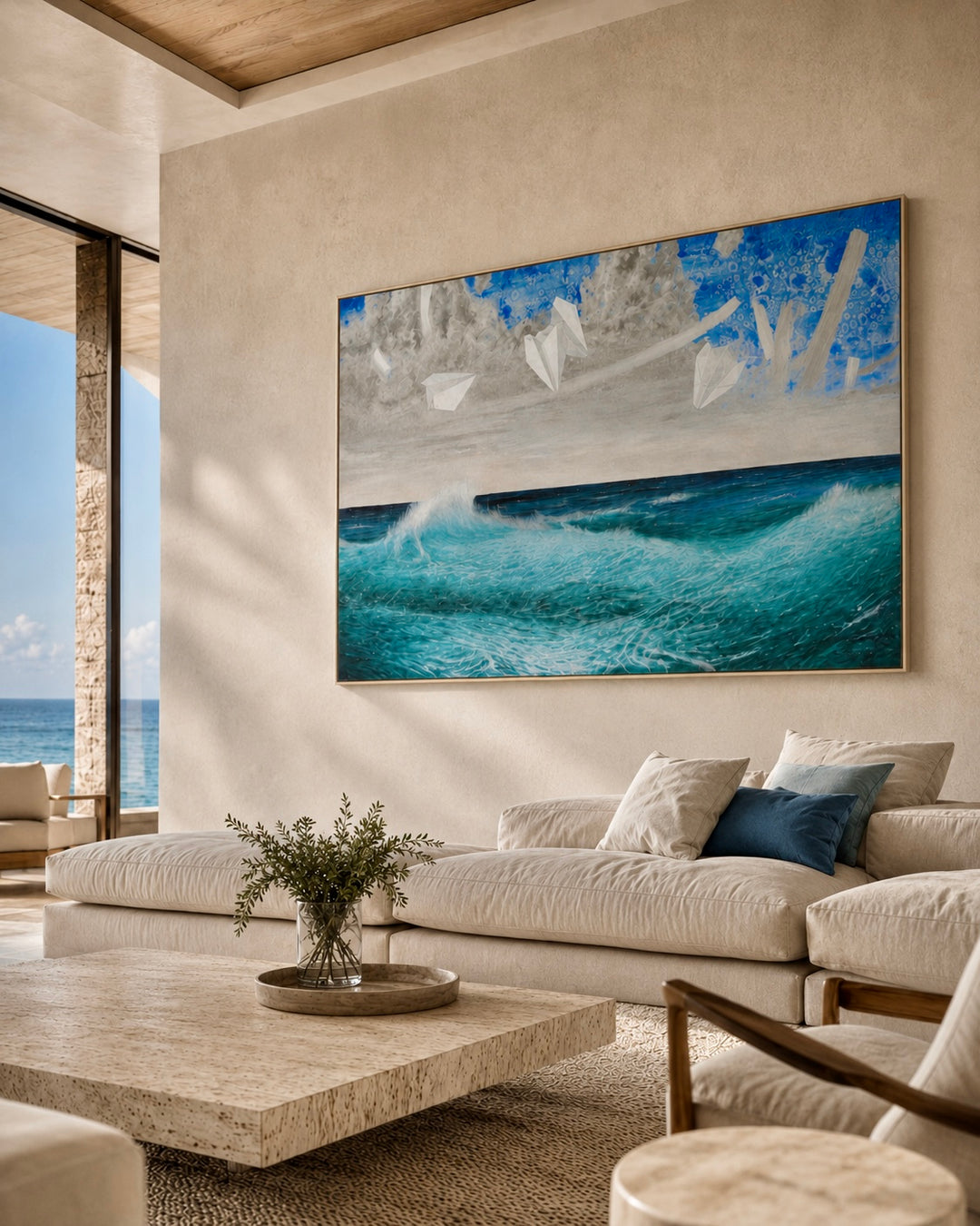 Modern living room with a large abstract painting of an ocean scene.