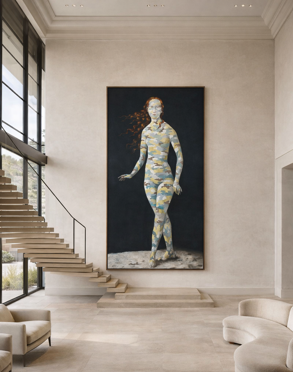 Modern interior with a large abstract painting of a woman on a wall.