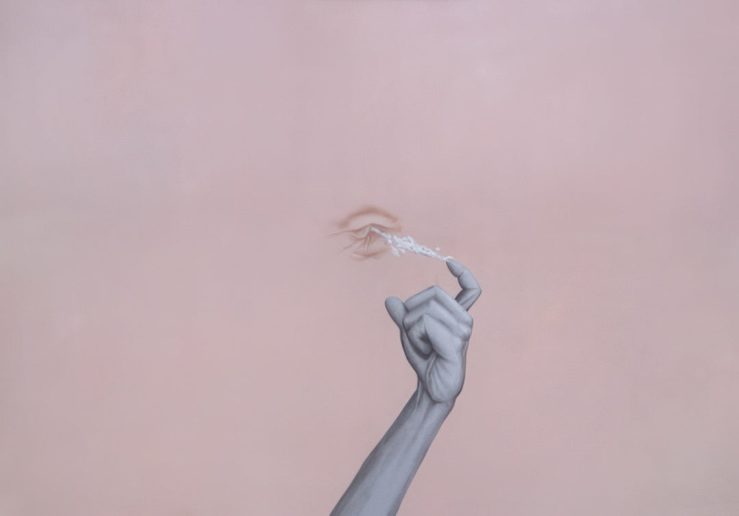 Minimal surreal painting of a hand reaching upward, releasing a wisp of smoke that forms an eye in the air. Artwork titled All My Himalayan Clouds in Your Belly Button by Andrius Miezis. Museum-quality giclée print from Giclée Makers Gallery.