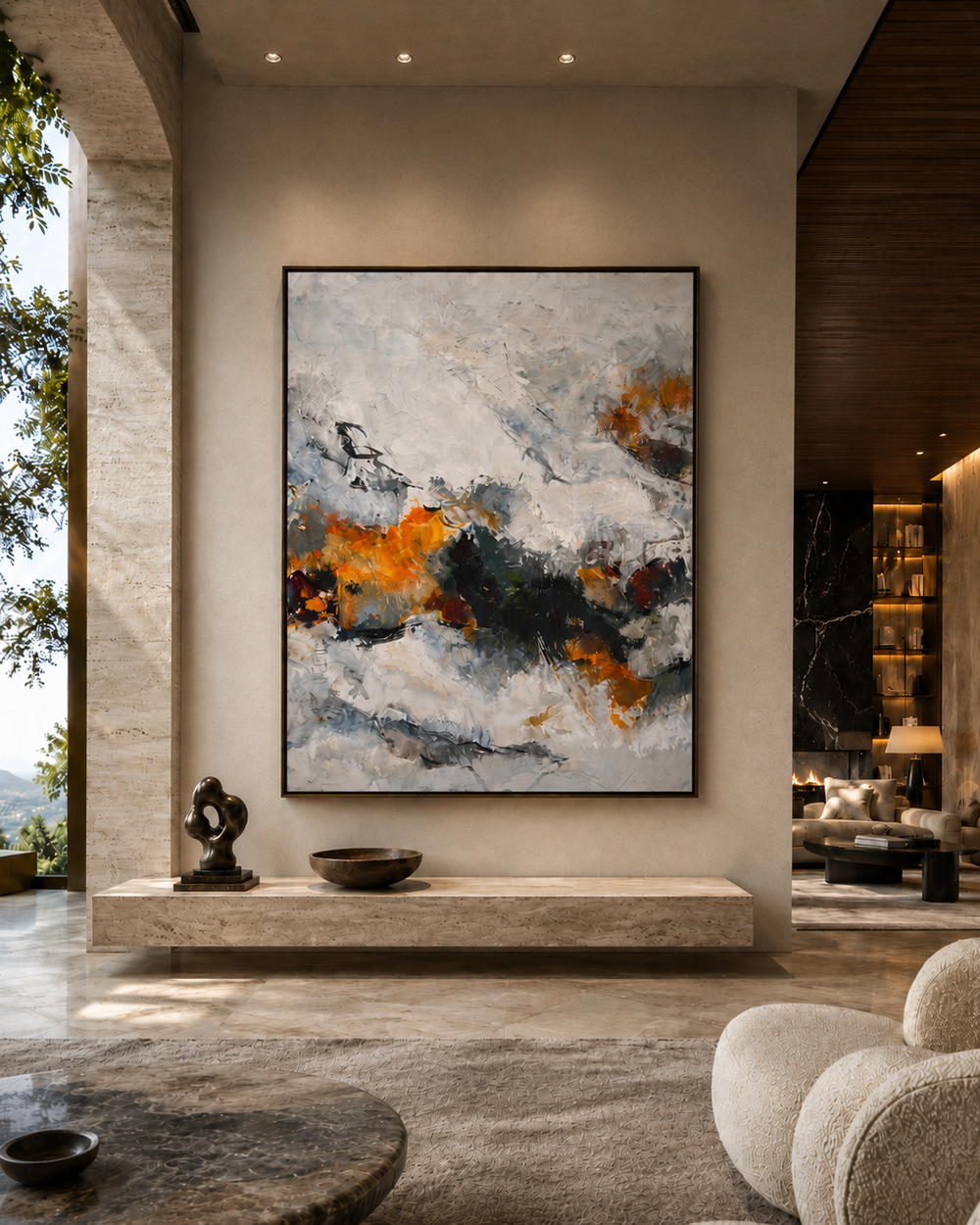 Abstract painting in a modern living room setting with decor elements.