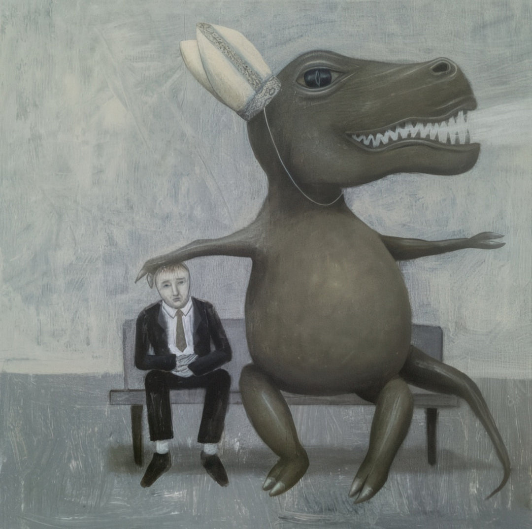 “Office Plankton With Imaginary Friend” surreal painting by artist Andrius Miezis - whimsical contemporary art depicting an office worker seated beside a giant dinosaur-like imaginary companion, symbolic of routine and imagination, fine art print by Giclée Makers, Scottsdale, Arizona.