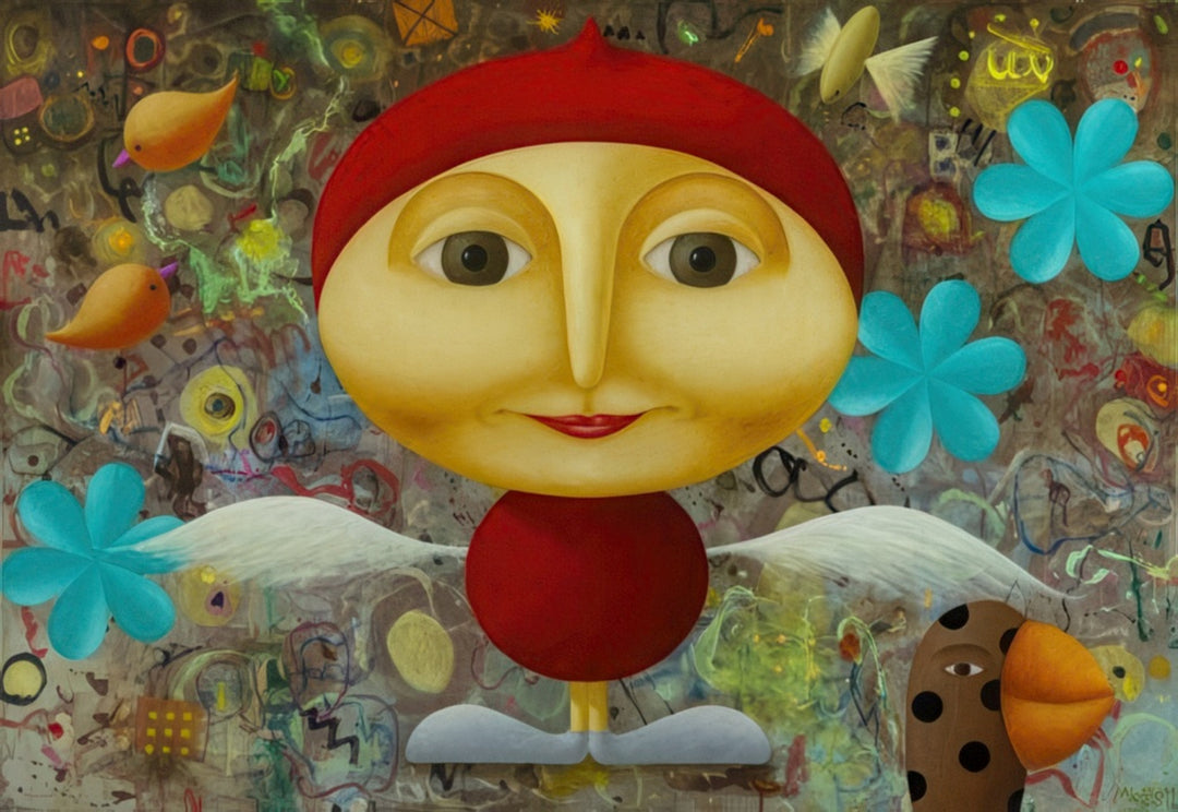 “Angel Garden” by Andrius Miezis — whimsical surrealist painting featuring a golden-faced angel with wings, surrounded by floating blue flowers and dreamlike creatures on a richly textured abstract background. A poetic fusion of innocence and imagination, radiating warmth and positivity. Fine-art giclée print on archival canvas or paper by Giclée Makers Scottsdale, perfect for modern luxury interiors.