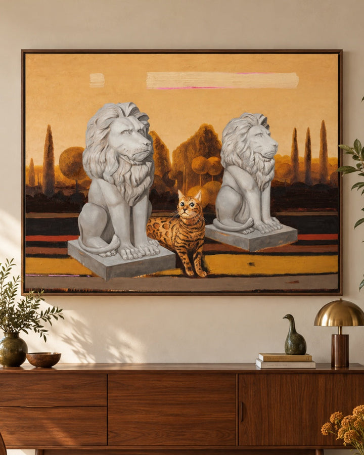 They and I by Arturas Braziunas, large canvas wall art featuring a small cat between two marble lions in a park
