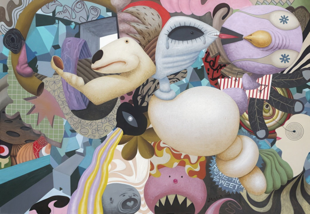 “Attic Universe” by Andrius Miezis – surreal contemporary painting filled with colorful, whimsical creatures and dreamlike shapes. Symbolic modern art blending fantasy, humor, and imagination – available as a museum-quality giclée print from Giclée Makers.