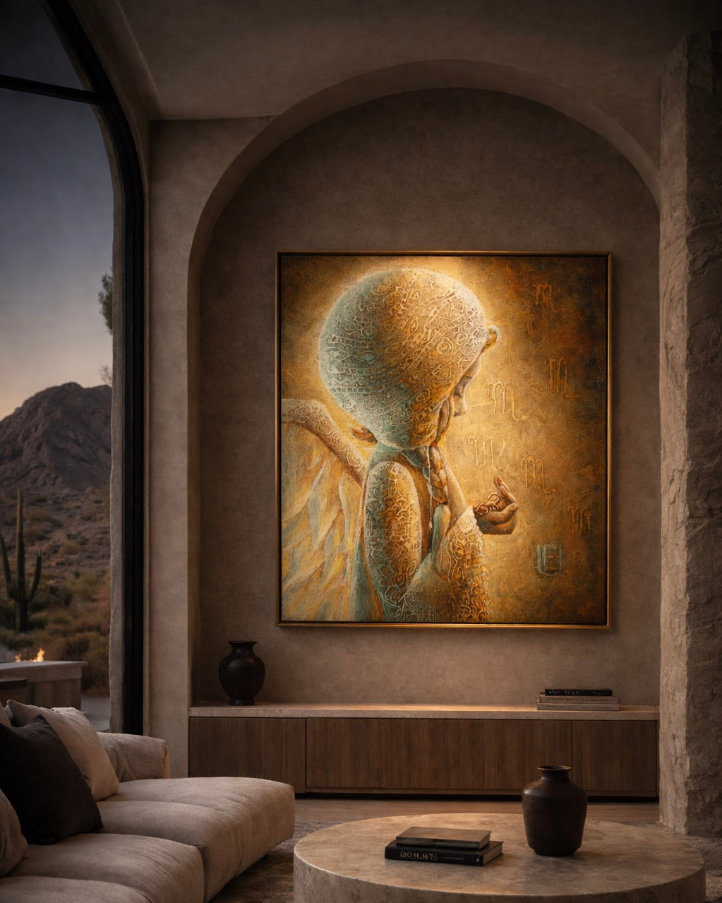 Decorative painting of a hooded figure on a wall in a living room with desert view.