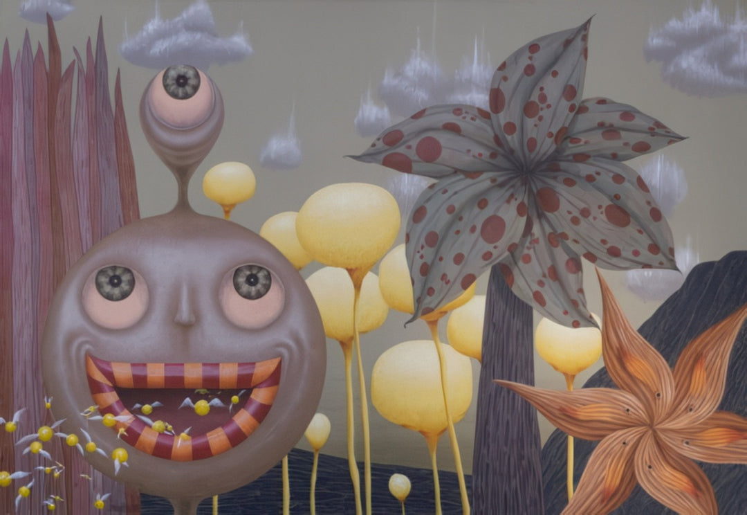 Surreal painting by Andrius Miezis titled Began to Sing Sweet Angels’ Chants in the Depths of an Old Park, featuring a whimsical creature with a wide smile and a single eye above its head, surrounded by oversized fantasy flowers and golden trees under a dreamy gray sky. A poetic blend of surrealism, imagination, and symbolic storytelling — contemporary fine art print available exclusively at Giclée Makers.