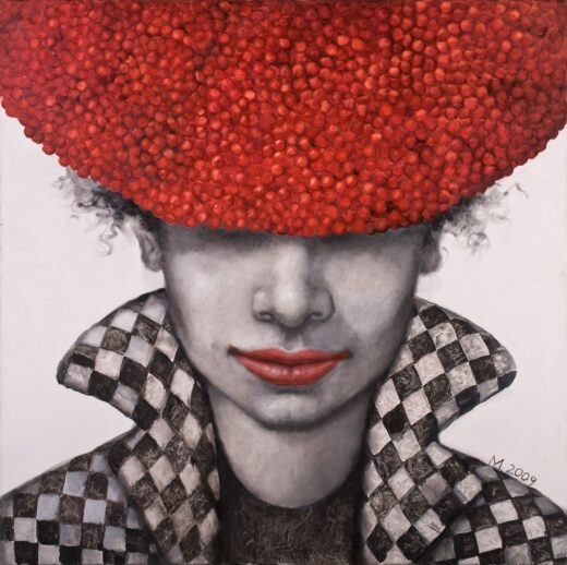Person wearing a red textured hat and checkered coat on a white background