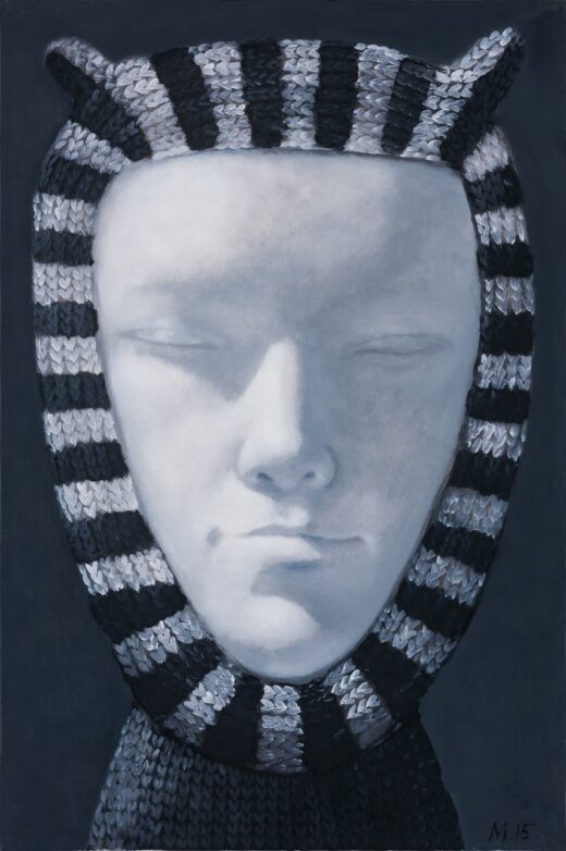 Striped knit hood with face opening, dark blue and light gray