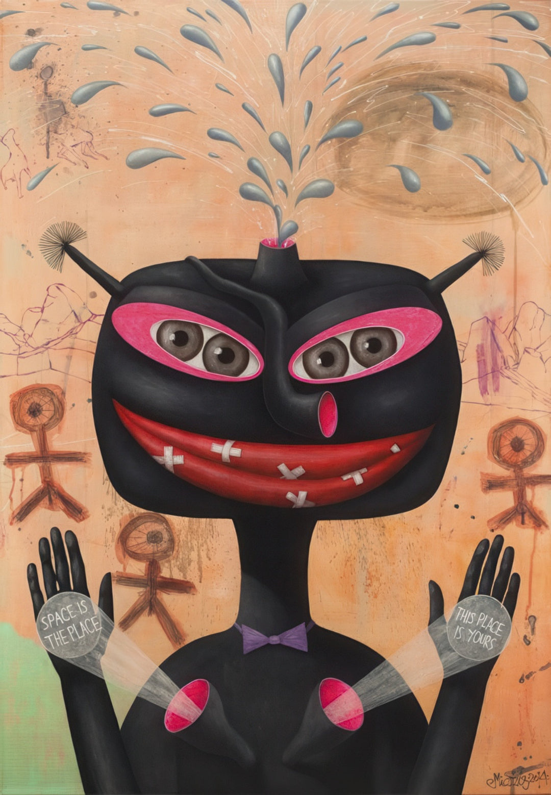 “Black Magic Woman” by Andrius Miezis – surreal modern painting portraying a dark whimsical female figure with expressive eyes, wide red smile, and symbolic gestures. Contemporary art exploring mystery, humor, and human emotion – available as a museum-quality giclée print from Giclée Makers.