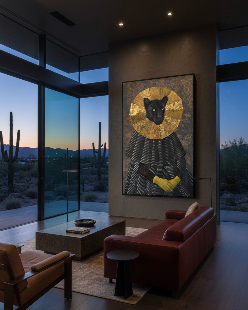 Modern living room with a large abstract painting of a black panther, large windows, and desert landscape view.