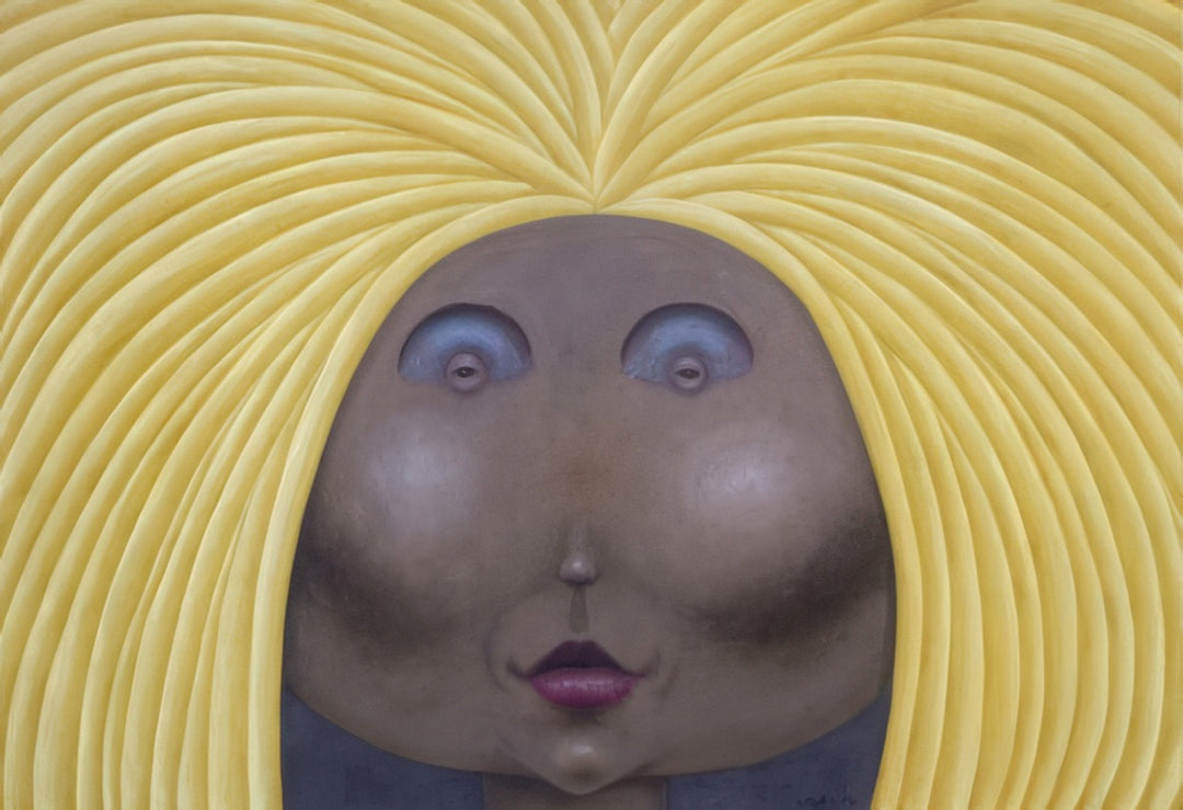 “Alt Text: “Blonde, She’s Got a Plan” by Andrius Miezis — surreal portrait of a mysterious woman with sculptural golden hair radiating outward in rhythmic wave” by Andrius Miezis — surreal portrait of a mysterious woman with sculptural golden hair radiating outward in rhythmic waves. Her calm yet knowing expression exudes confidence and intrigue, blending whimsy with sophistication. Fine-art giclée print on archival canvas or paper by Giclée Makers Scottsdale, created for luxury modern interiors.