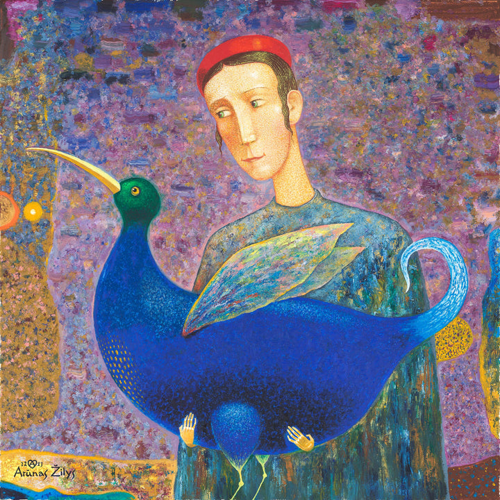 A painting featuring a stylized, idealized depiction of a person with a blue bird on their shoulder. The background is multicolored with a mix of bright and dark hues.
