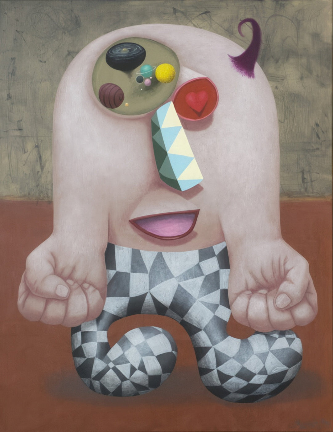 Surreal contemporary painting by Andrius Miezis titled Brace Yourself and Confess, depicting a whimsical, geometric human-like figure with a colorful abstract face, clenched fists, and a patterned lower body. A humorous and thought-provoking surrealist composition blending symbolism, imagination, and bold color — available as a museum-quality fine art print at Giclée Makers.