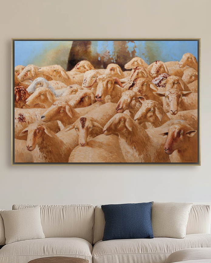 After Me by Arturas Braziunas, large canvas wall art featuring a dense flock of sheep with golden eyes