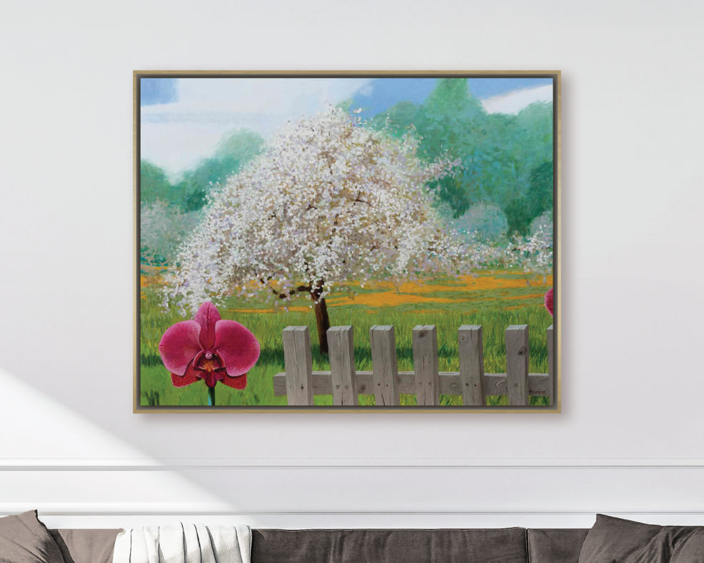 Apple Tree and Orchid by Arturas Braziunas, large canvas wall art featuring two orchids before a blossoming apple tree
