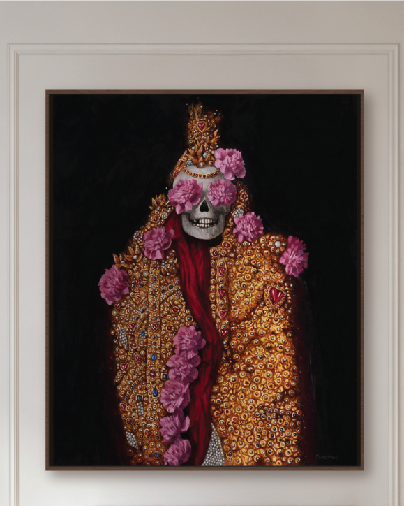 Framed canvas wall art of a colorful ornate royal-style portrait on a dark background