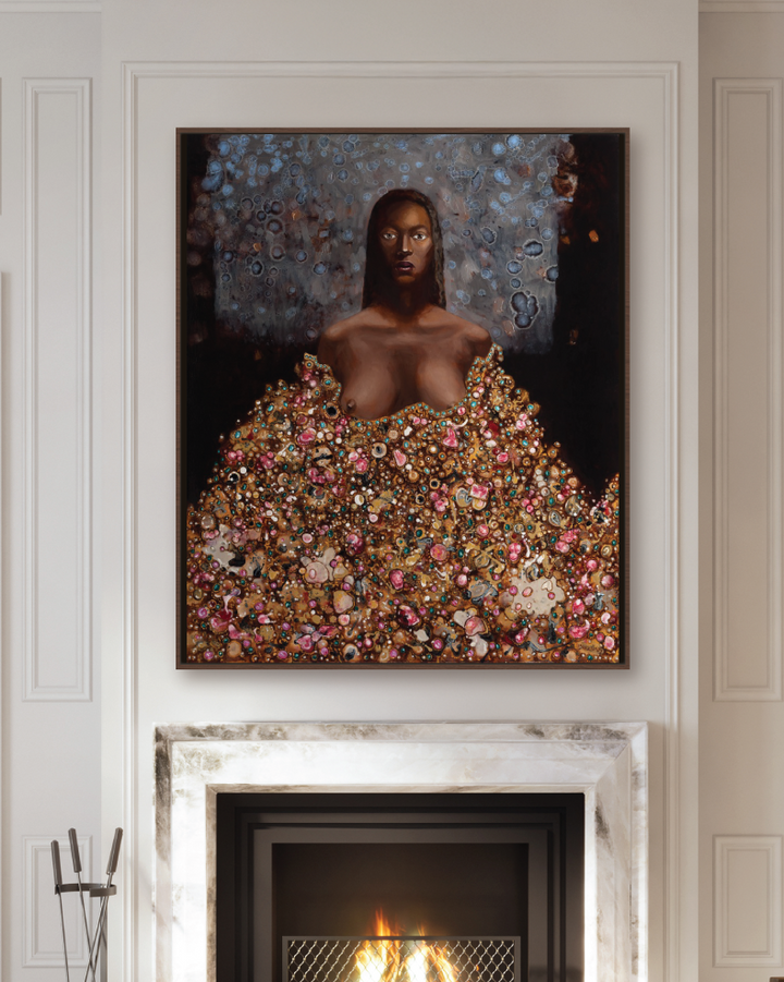 Black Queen by Arturas Braziunas, large canvas wall art featuring a regal woman adorned with jewels and golden stones