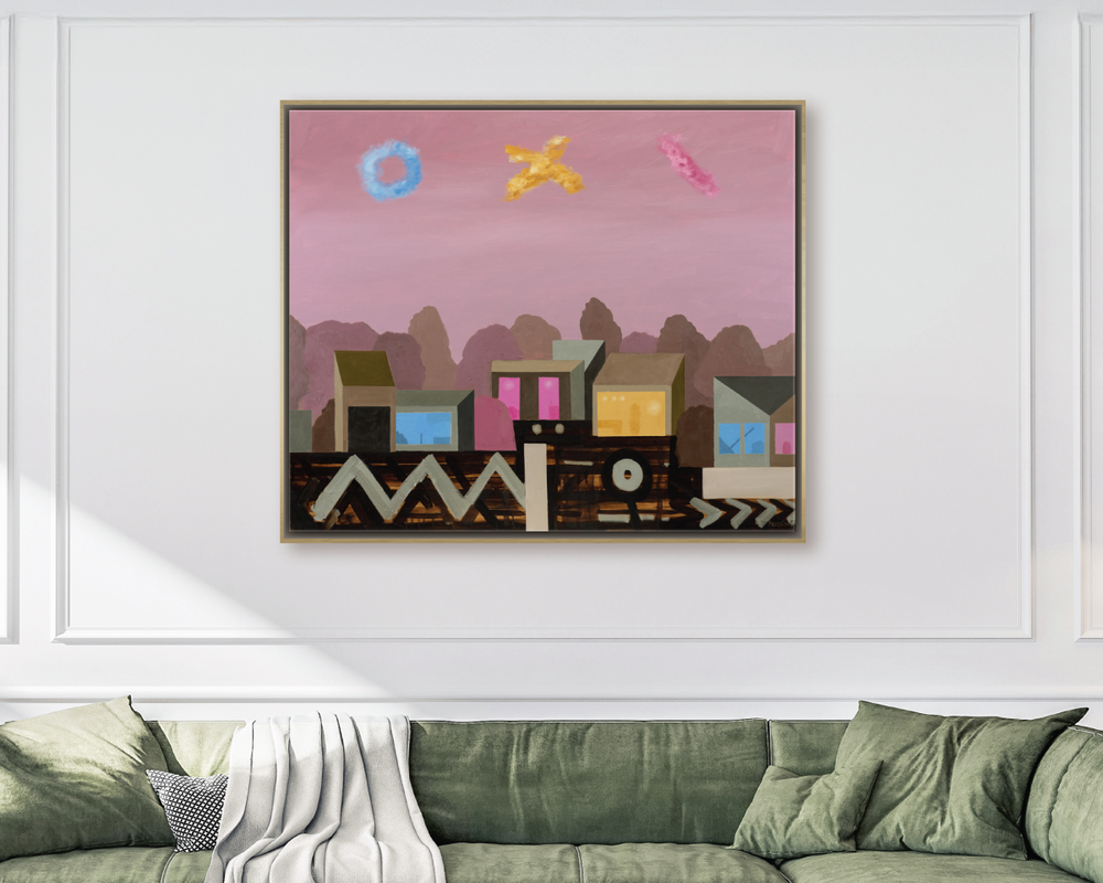 Framed canvas wall art depicting colorful abstract skyline with geometric buildings and symbols
