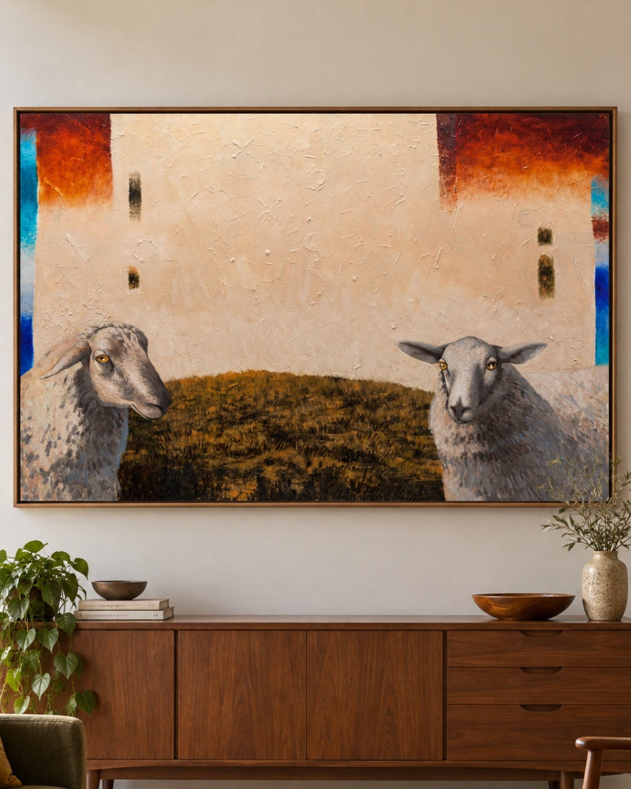 A large framed canvas painting of two sheep in a field hangs on a beige wall above a mid-century modern wooden credenza in a styled living room.