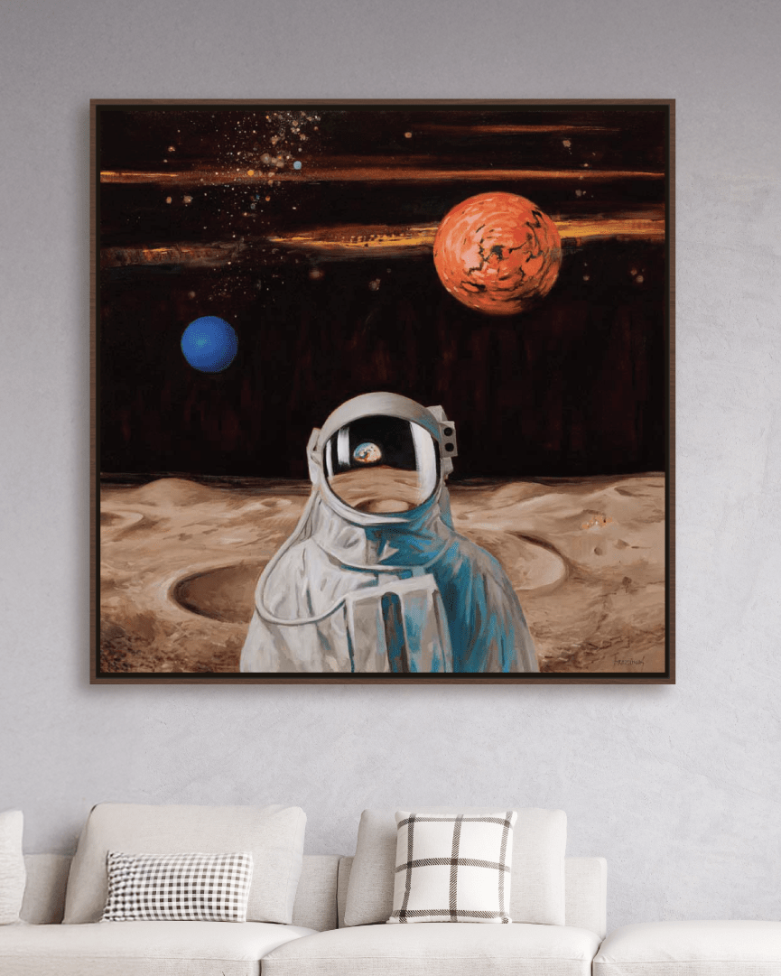 My Address Is Astronaut by Arturas Braziunas, large canvas wall art featuring an astronaut on the moon with Earth reflected in the visor