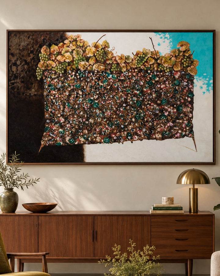 A large framed wall art piece featuring a textured floral and botanical composition in earthy tones with bright turquoise accents, displayed above a mid-century modern wooden credenza in a styled living room.