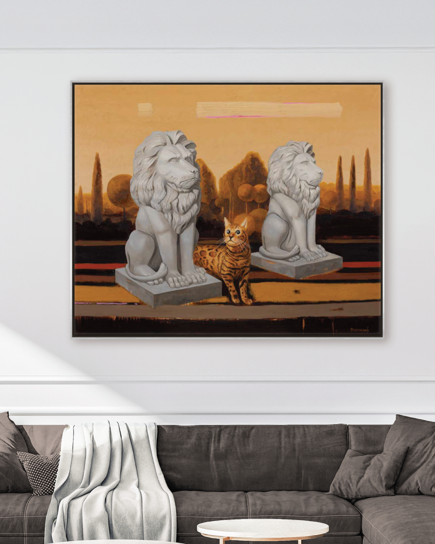 Limited edition giclée print of They and I by Arturas Braziunas - a small cat between two marble lions in a park